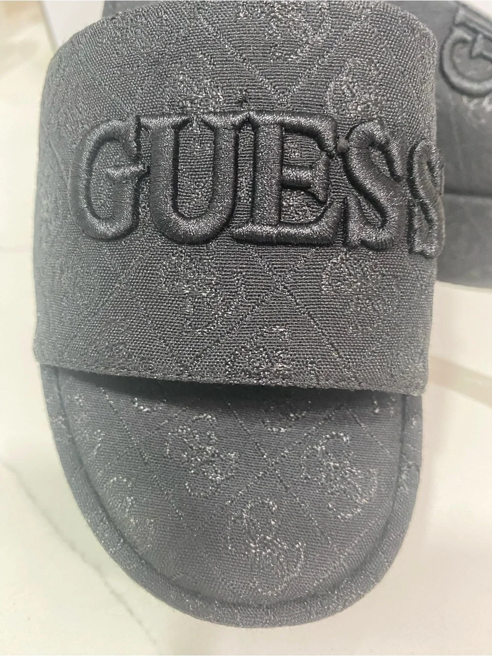 GUESS Black Embossed Logo Platform Slide Sandals